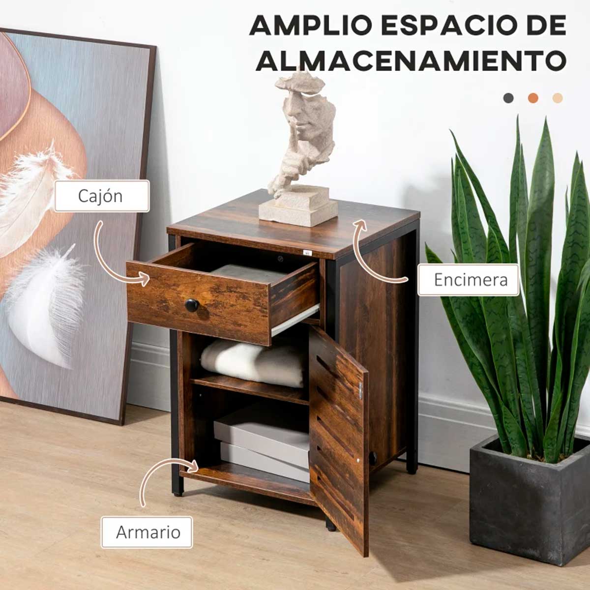 Mesita de noche Amira Homcom 1 cajón + 1 puerta marrón 60x40x40 cm 3
