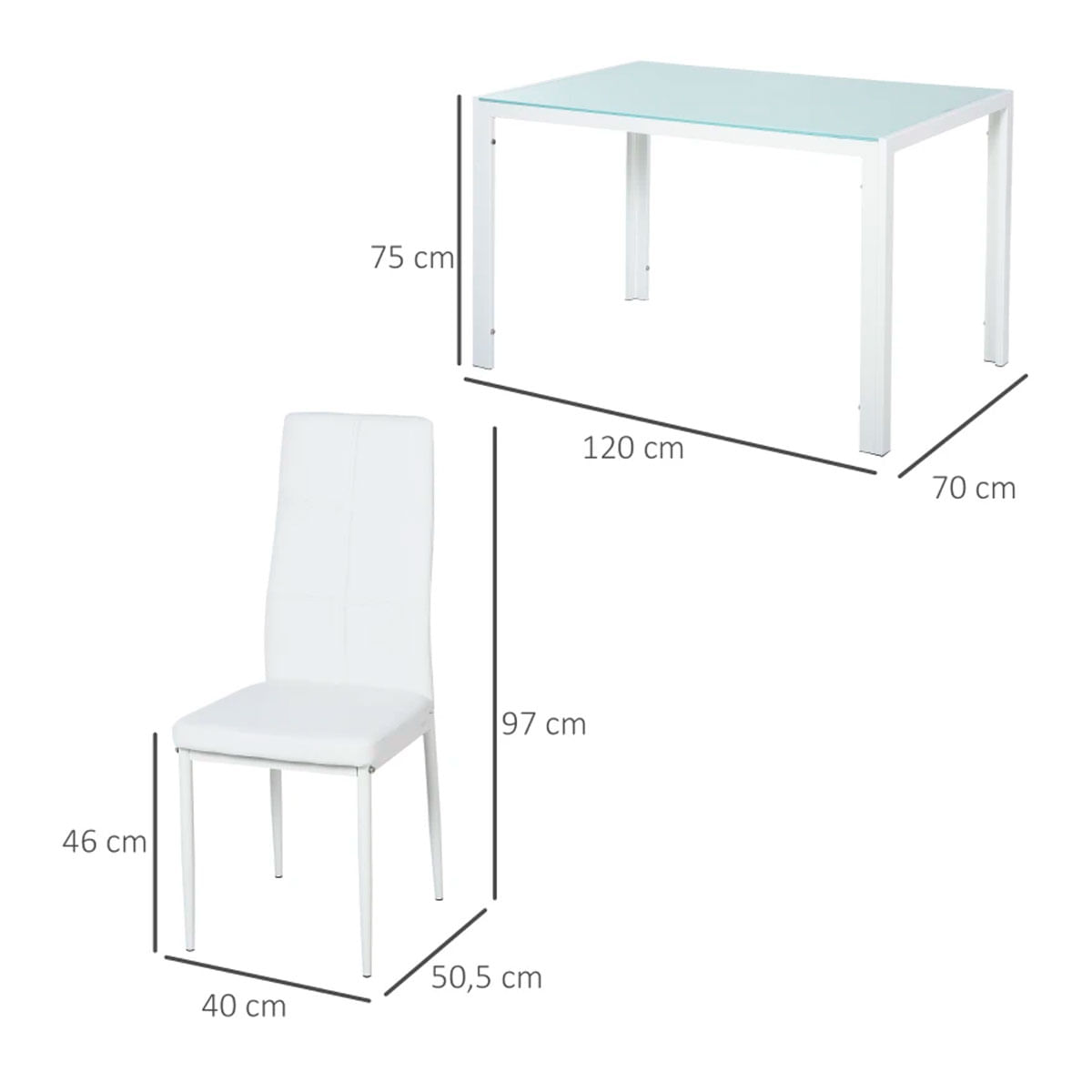 Conjunto de comedor Asia Homcom 1 mesa + 4 sillas blanco medidas