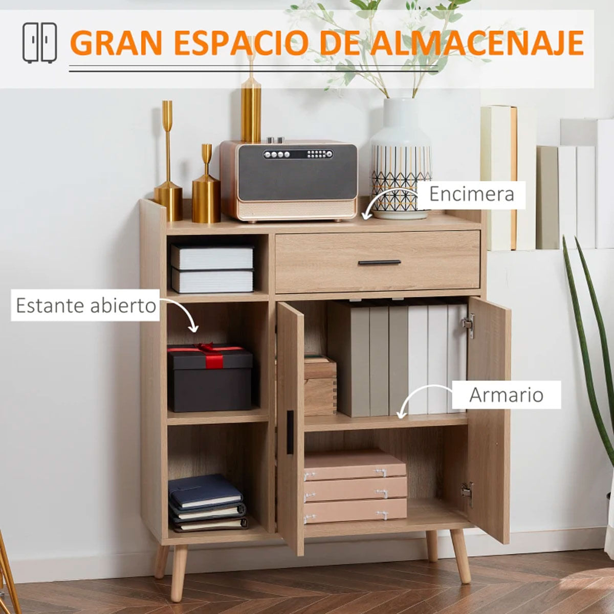 Aparador Montana Homcom diseño rústico natural 96,5x80x30 cm 3