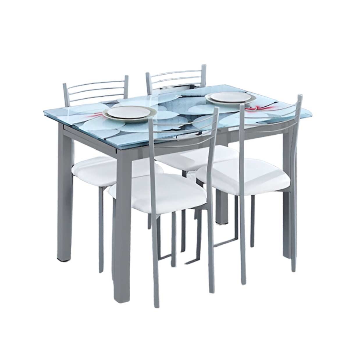 Conjunto de comedor 1 mesa Flores + 4 sillas blanco/inox 1
