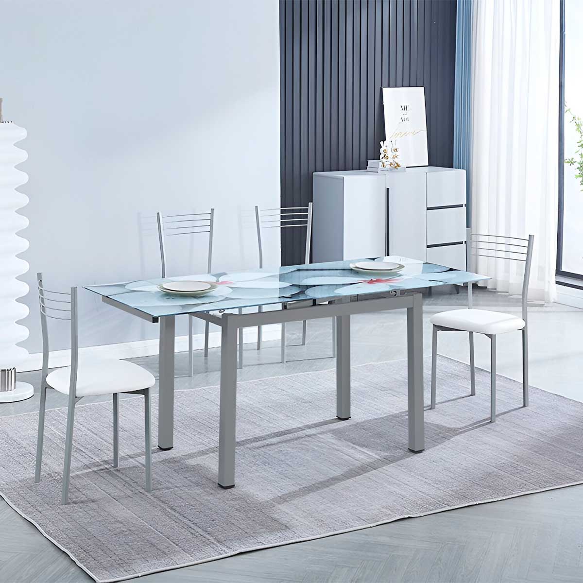 Conjunto de comedor 1 mesa Flores + 4 sillas blanco/inox