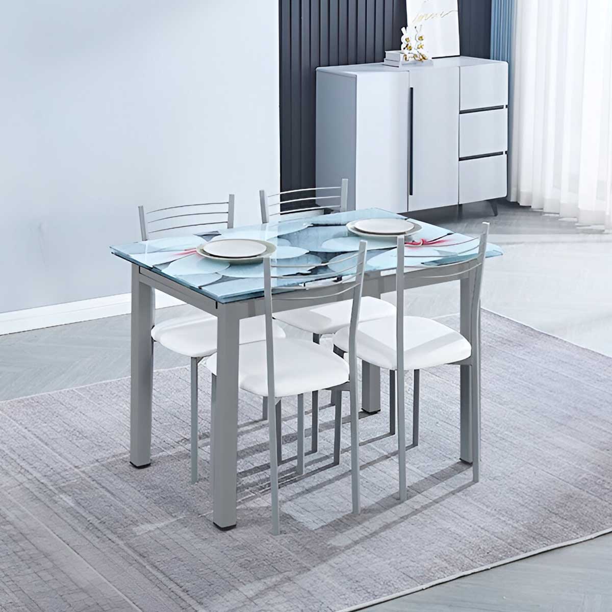 Conjunto de comedor 1 mesa Flores + 4 sillas blanco/inox 2
