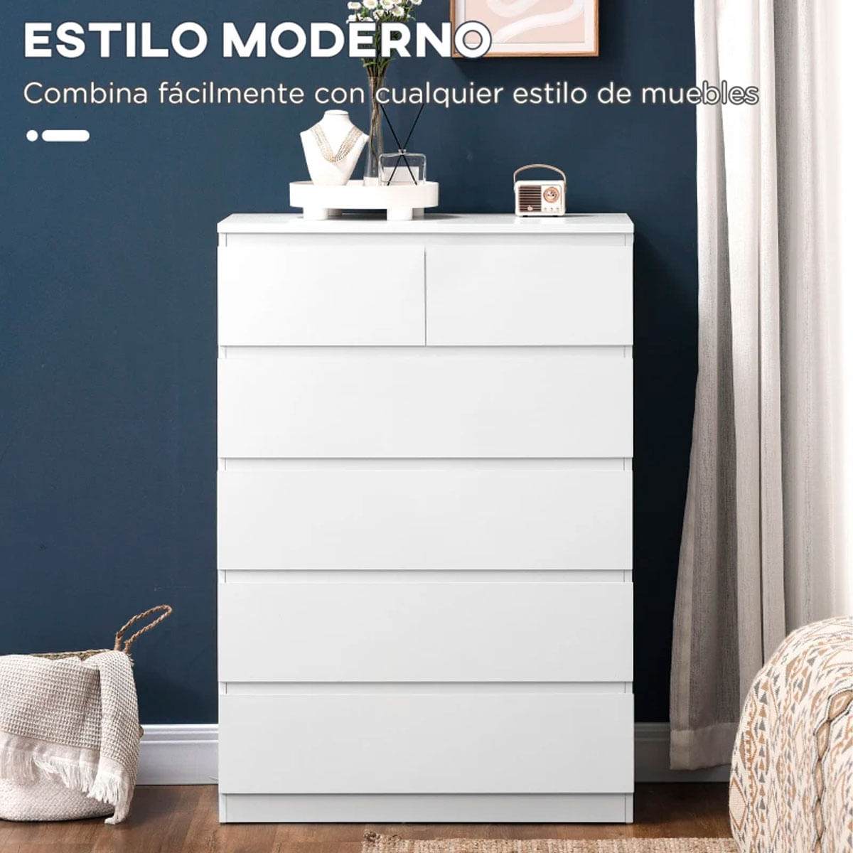 Cómoda Polinesia Homcom 6 cajones blanco 115x80x39 cm 3