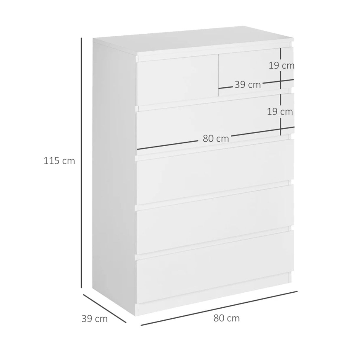 Cómoda Polinesia Homcom 6 cajones blanco 115x80x39 cm medidas