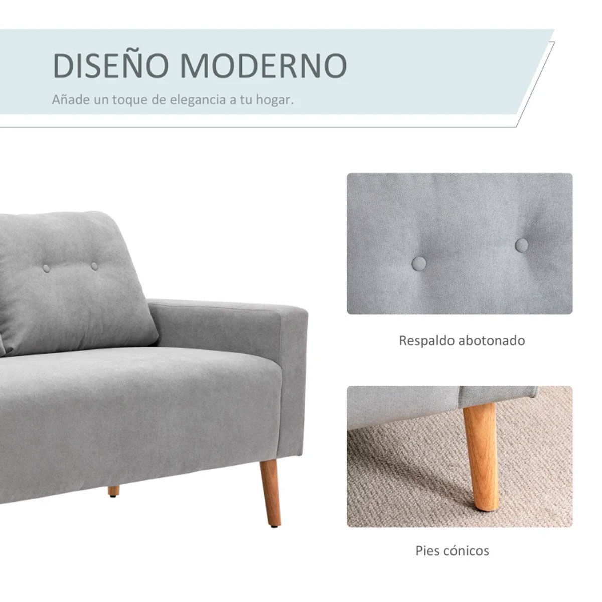Sofá Neptuno Homcom 2 plazas con reposabrazos gris 88x145x76 cm 3