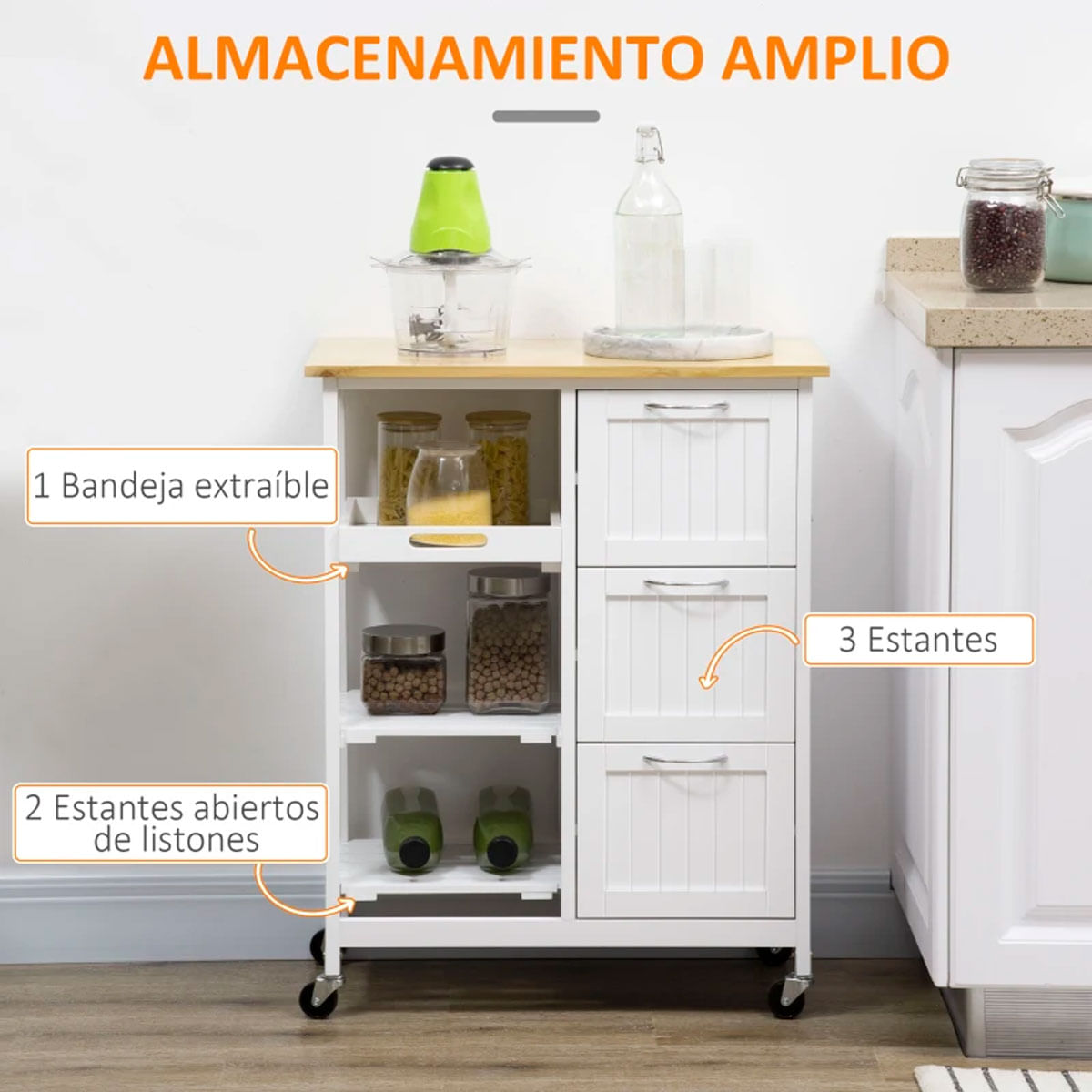 Carro de cocina Sabana Homcom 3 estante + 3 cajones blanco 87x67x37 cm 3