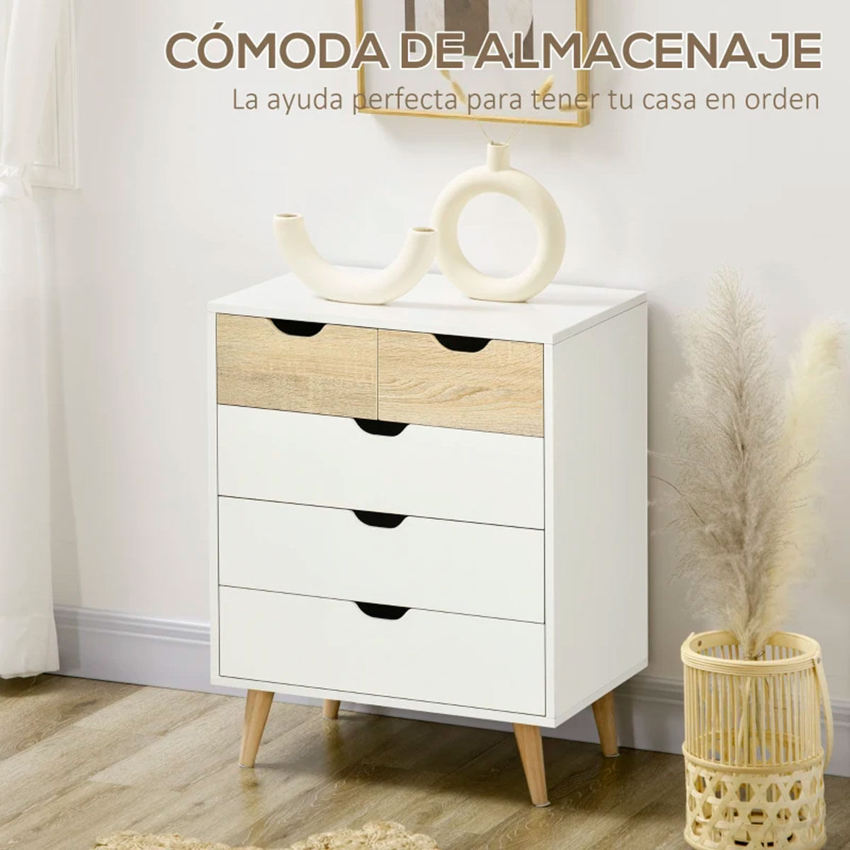 Cómoda Lisa Homcom 5 cajones diseño minimalista natural/blanco 77,5x60x40 cm 3