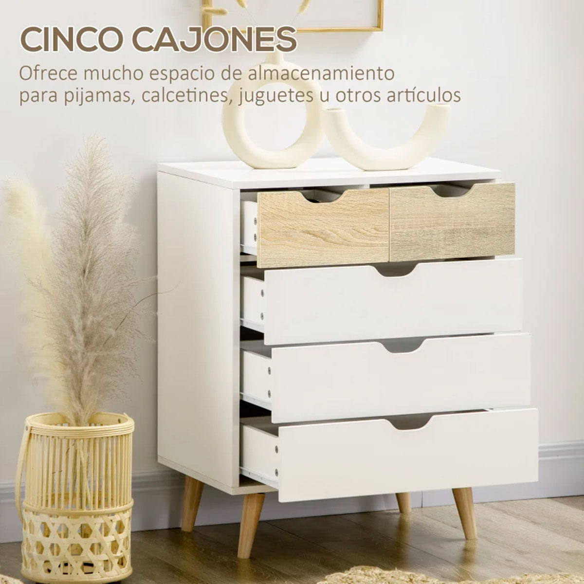 Cómoda Lisa Homcom 5 cajones diseño minimalista natural/blanco 77,5x60x40 cm 4