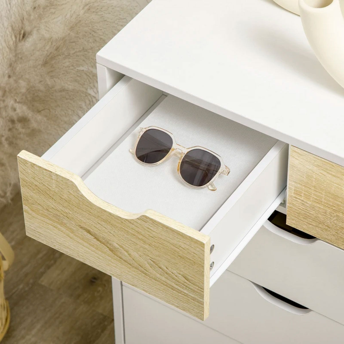 Cómoda Lisa Homcom 5 cajones diseño minimalista natural/blanco 77,5x60x40 cm 6