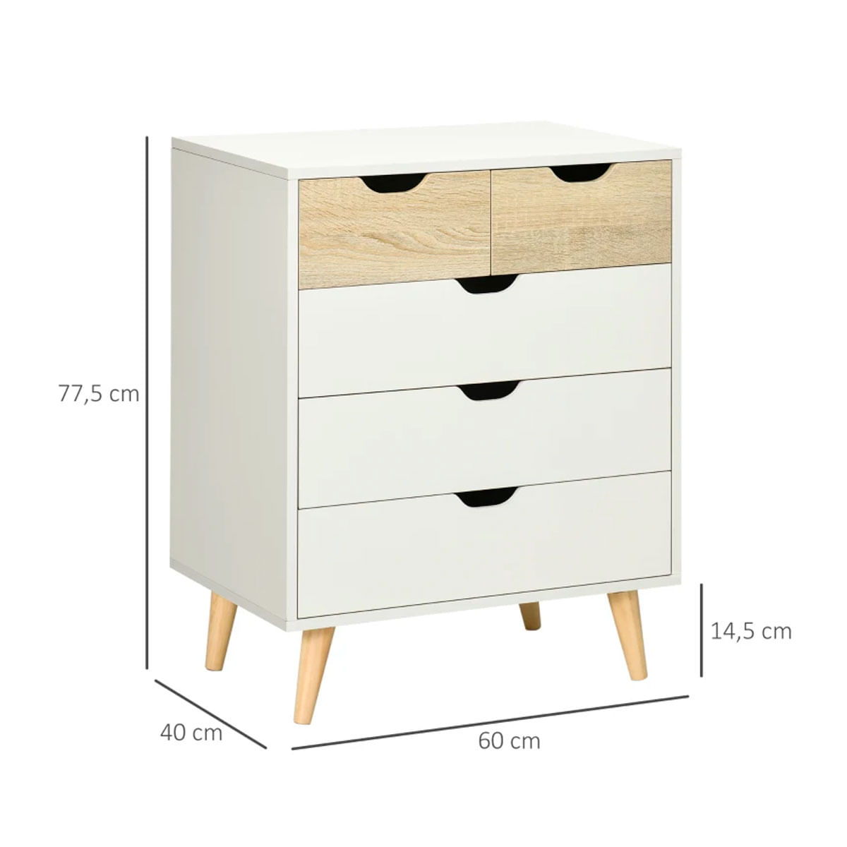 Cómoda Lisa Homcom 5 cajones diseño minimalista natural/blanco 77,5x60x40 cm medidas