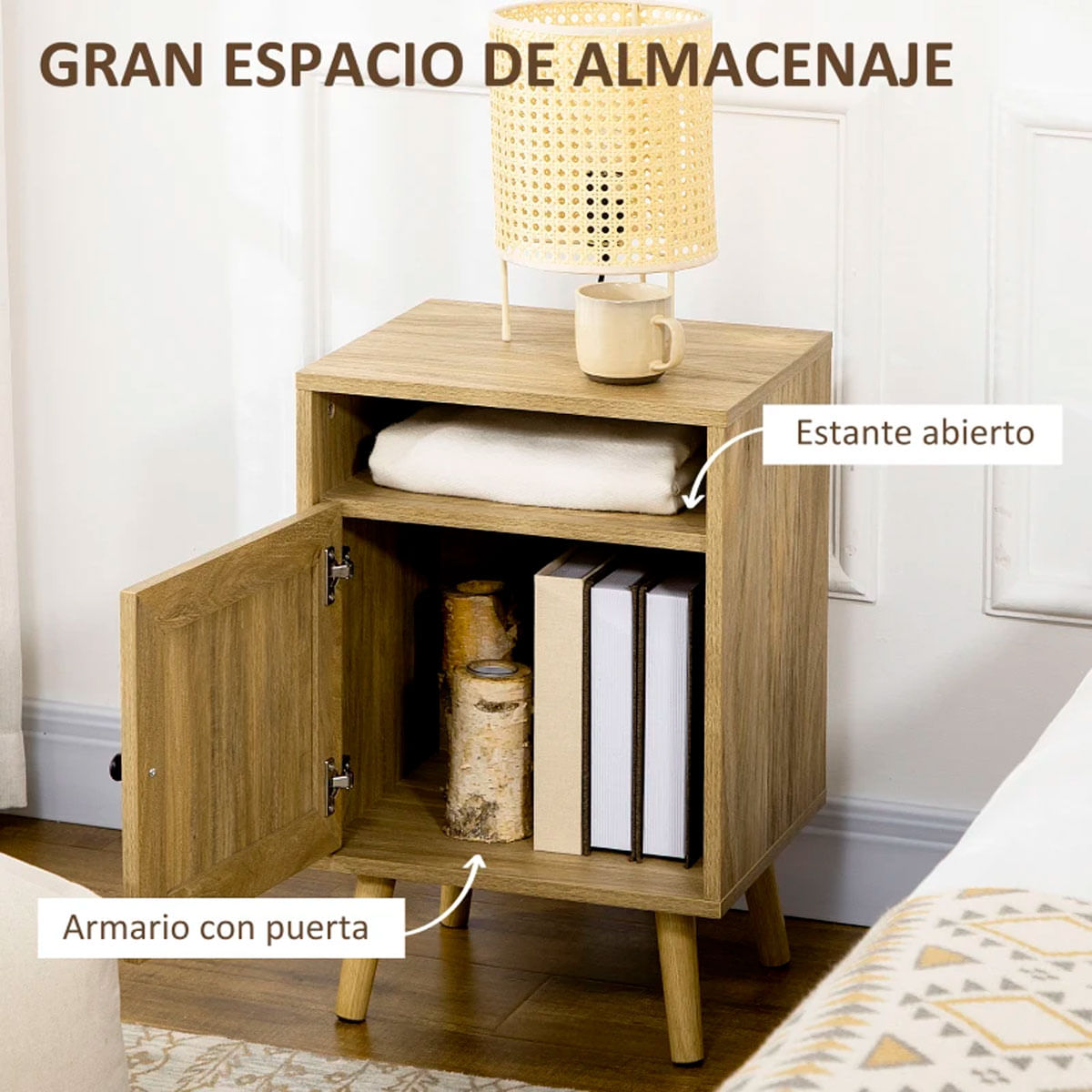 Mesita de noche Sorrentino Homcom 1 módulo + 1 puerta en ratán madera 60x39x35 cm 4