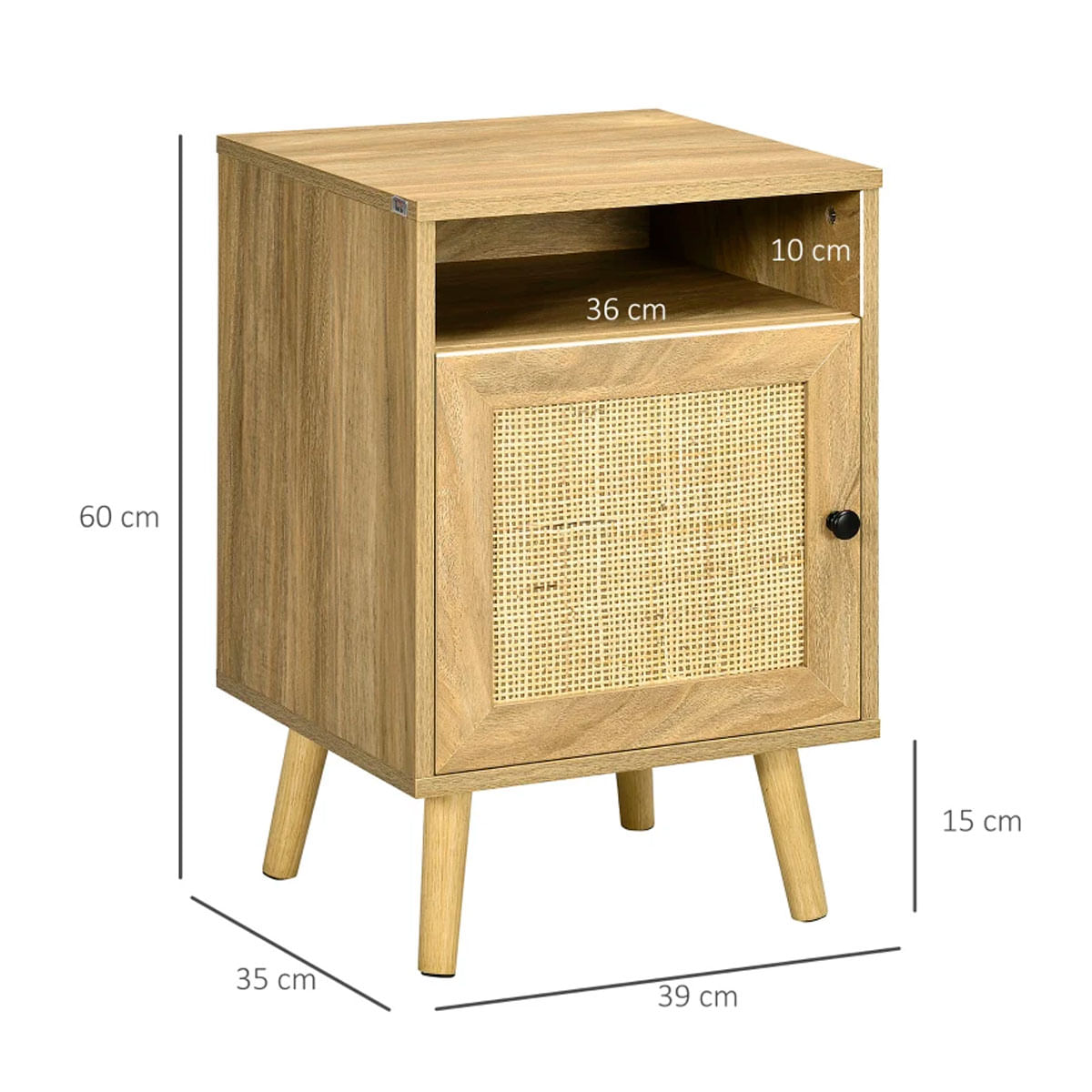 Mesita de noche Sorrentino Homcom 1 módulo + 1 puerta en ratán madera 60x39x35 cm medidas