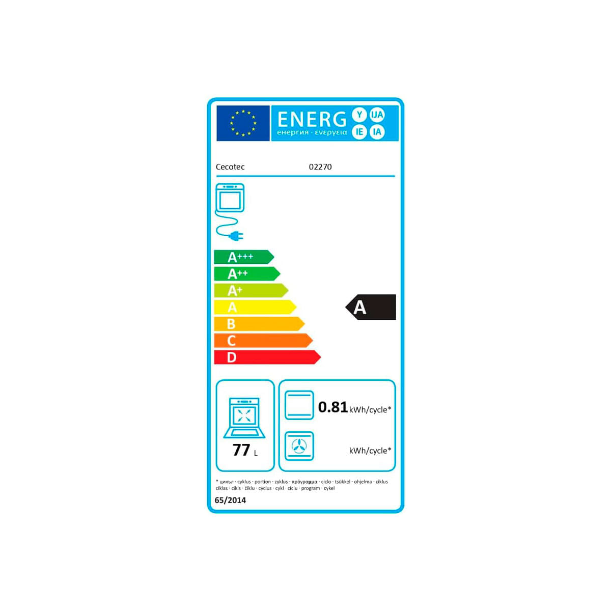 Horno Cecotec Bolero Hexa C126000 Inox A 2800W 77L Steam EasyClean A inox 59,2 cm eficiencia-energetica