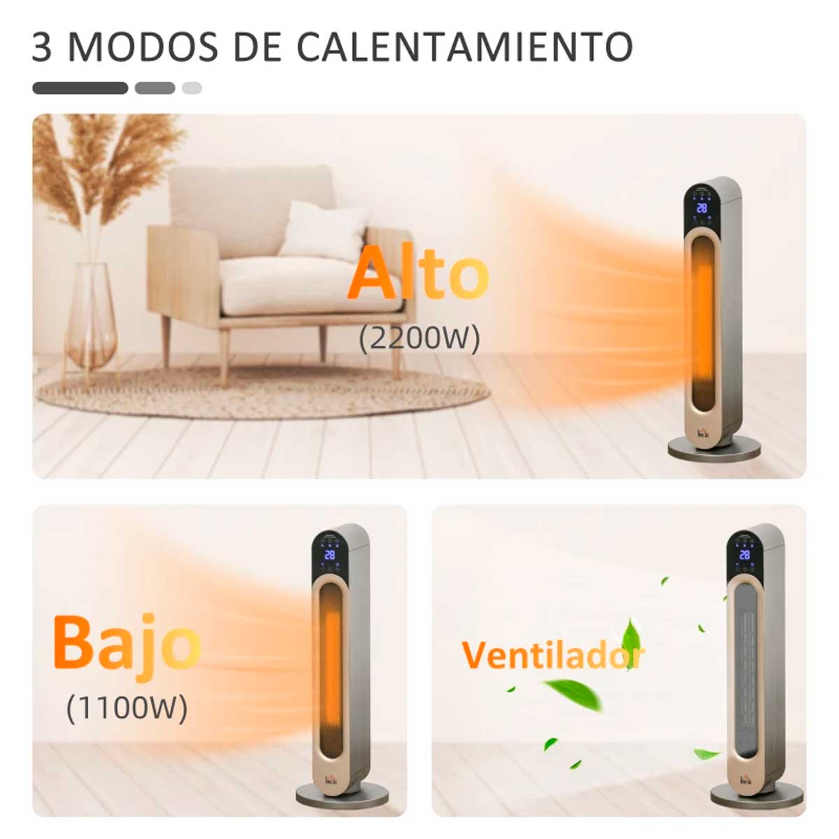 Calefactor cerámico de torre Caribe Homcom 2200W mando a distancia plata 8