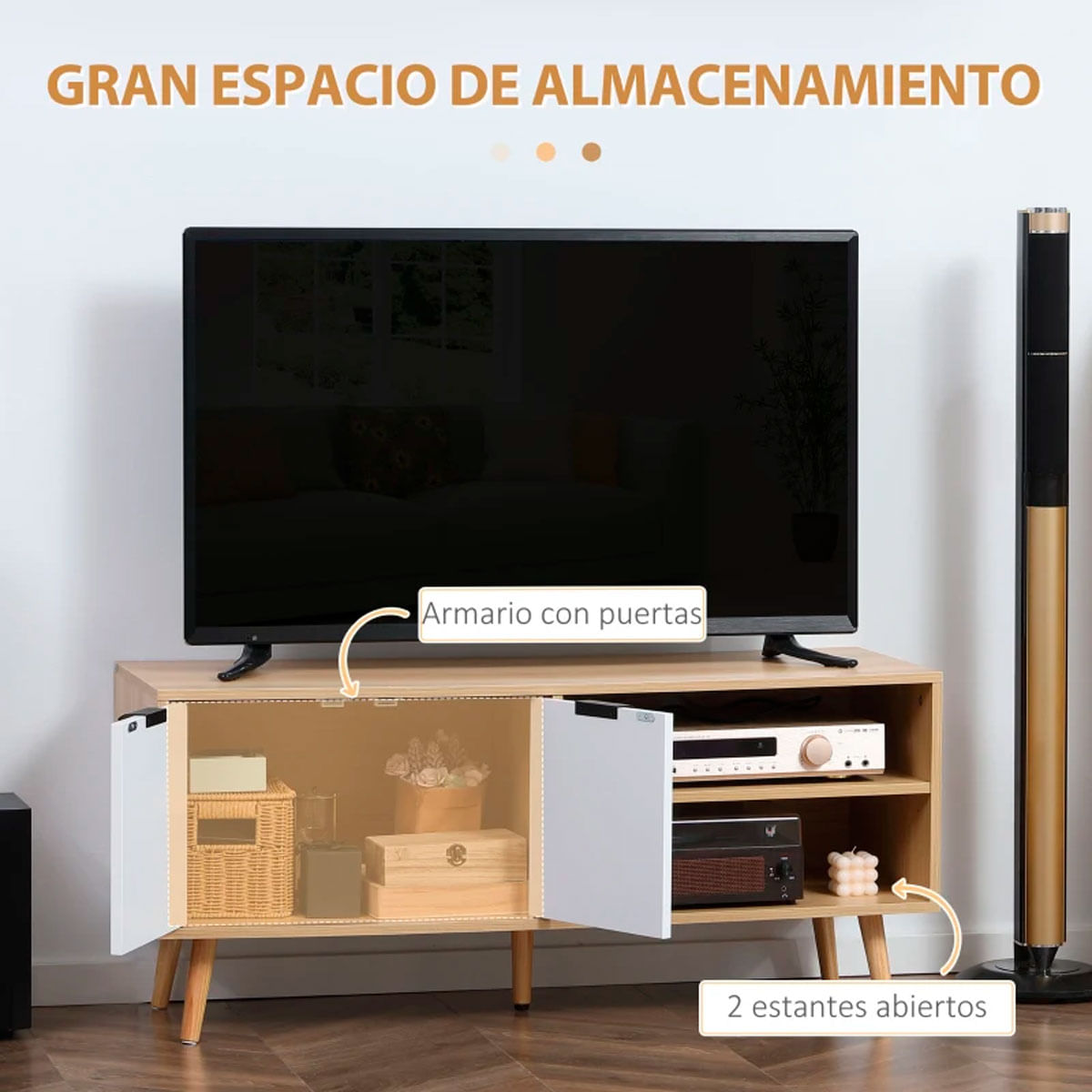 Mueble bajo de TV Venice Homcom 2 módulos + 2 puertas natural/blanco 48,8x110x39 cm 3