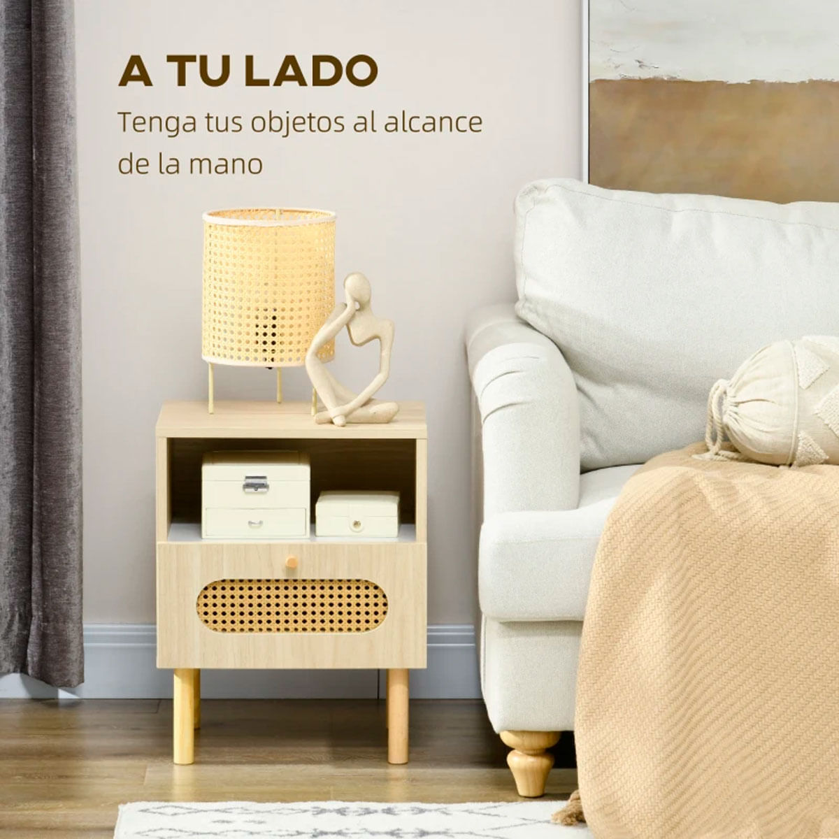 Mesita de noche Positano Homcom 1 módulo + 1 cajón en ratán natural 51x40x30 cm 3