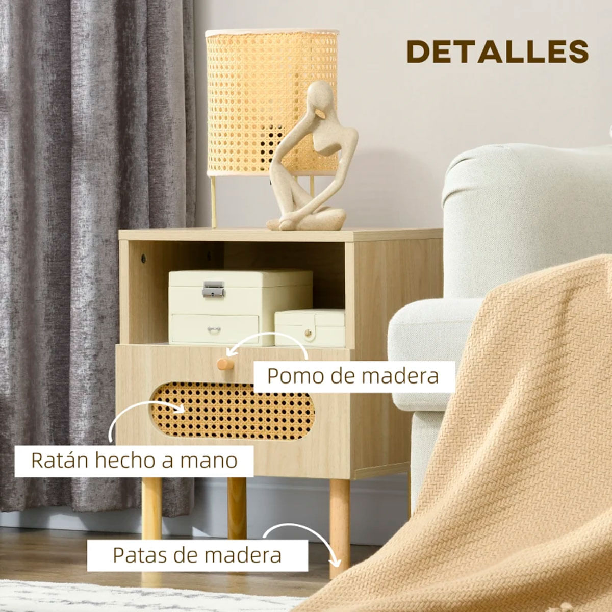Mesita de noche Positano Homcom 1 módulo + 1 cajón en ratán natural 51x40x30 cm 5