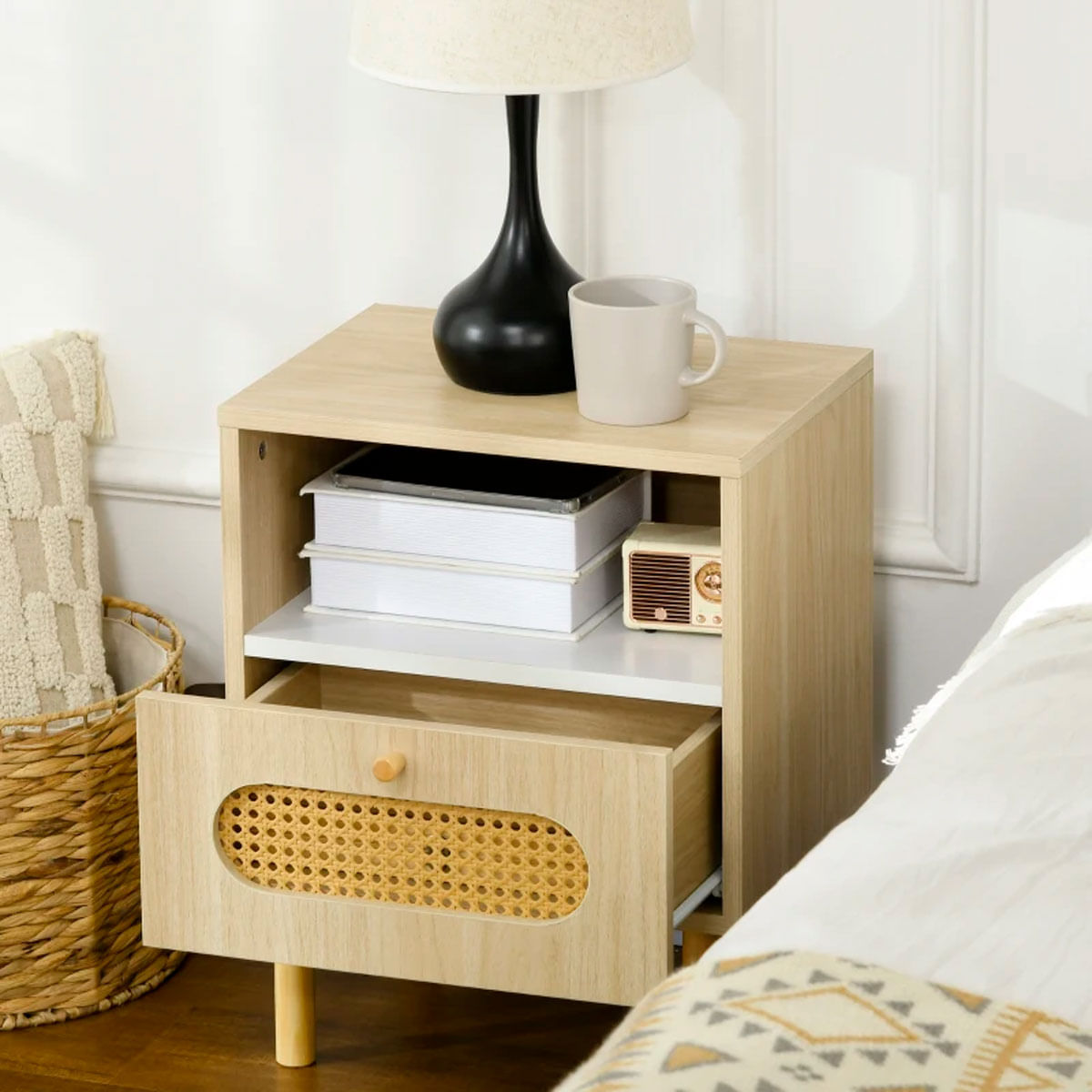 Mesita de noche Positano Homcom 1 módulo + 1 cajón en ratán natural 51x40x30 cm 6
