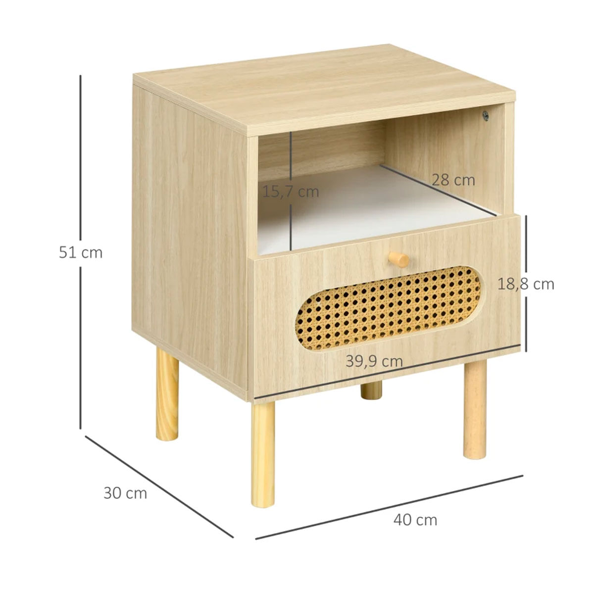 Mesita de noche Positano Homcom 1 módulo + 1 cajón en ratán natural 51x40x30 cm medidas