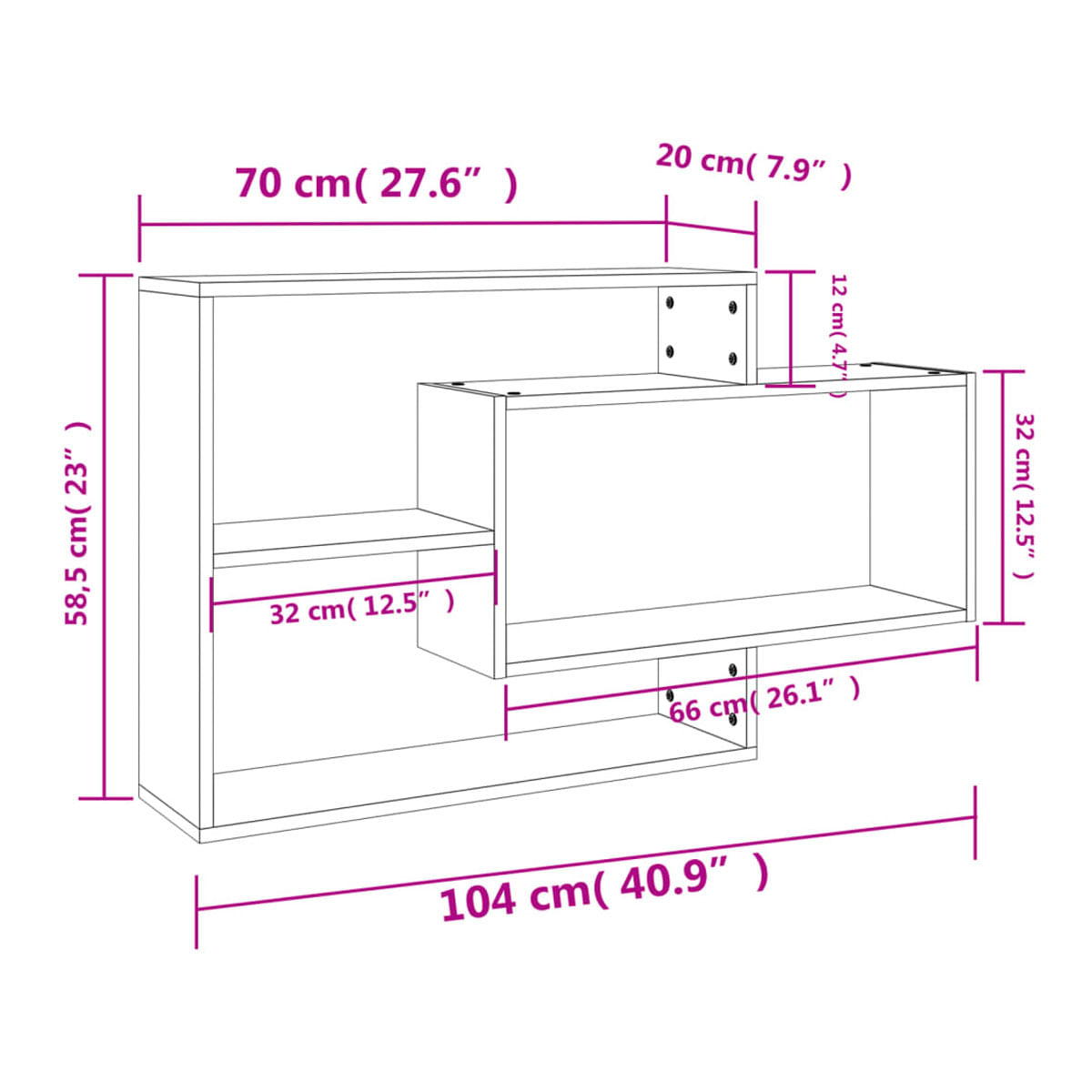 Estantería de pared Kimeko forma irregular gris hormigón 58,5x104x20 cm medidas