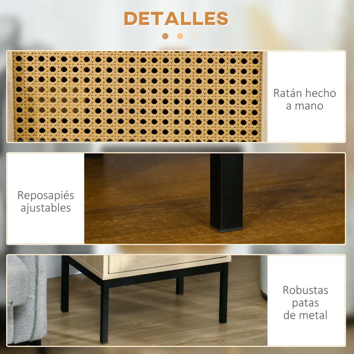Mesita de noche Alicante Homcom 1 puerta efecto ratán natural 51x43x30 cm 5