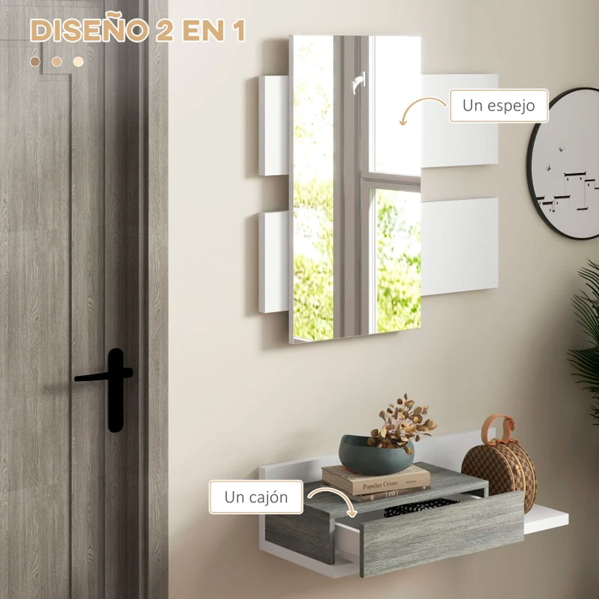 Mueble recibidor con espejo Odda Homcom 1 cajón blanco/gris 3