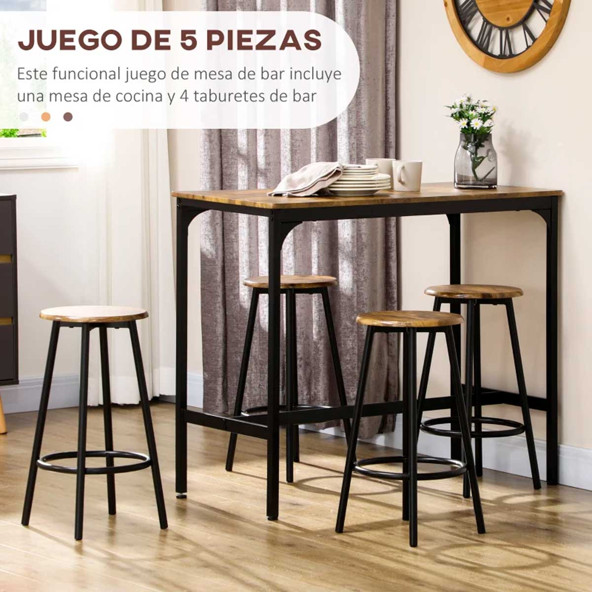 Conjunto de comedor Alcalá Homcom 1 mesa + 4 taburetes roble/negro 3