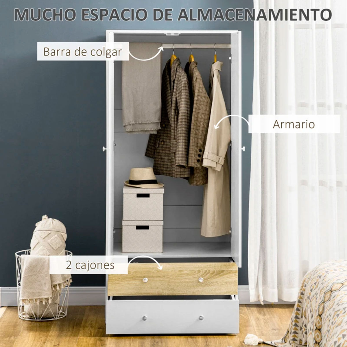 Armario Koshi Homcom 2 puertas + 2 cajones blanco/natural 180x80x50 cm 3