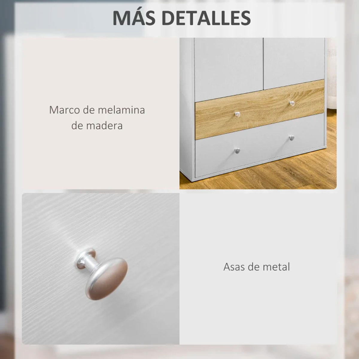 Armario Koshi Homcom 2 puertas + 2 cajones blanco/natural 180x80x50 cm 5