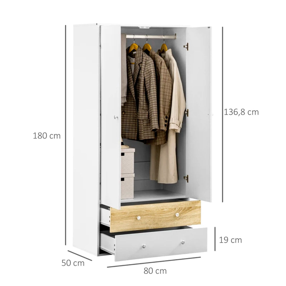 Armario Koshi Homcom 2 puertas + 2 cajones blanco/natural 180x80x50 cm medidas