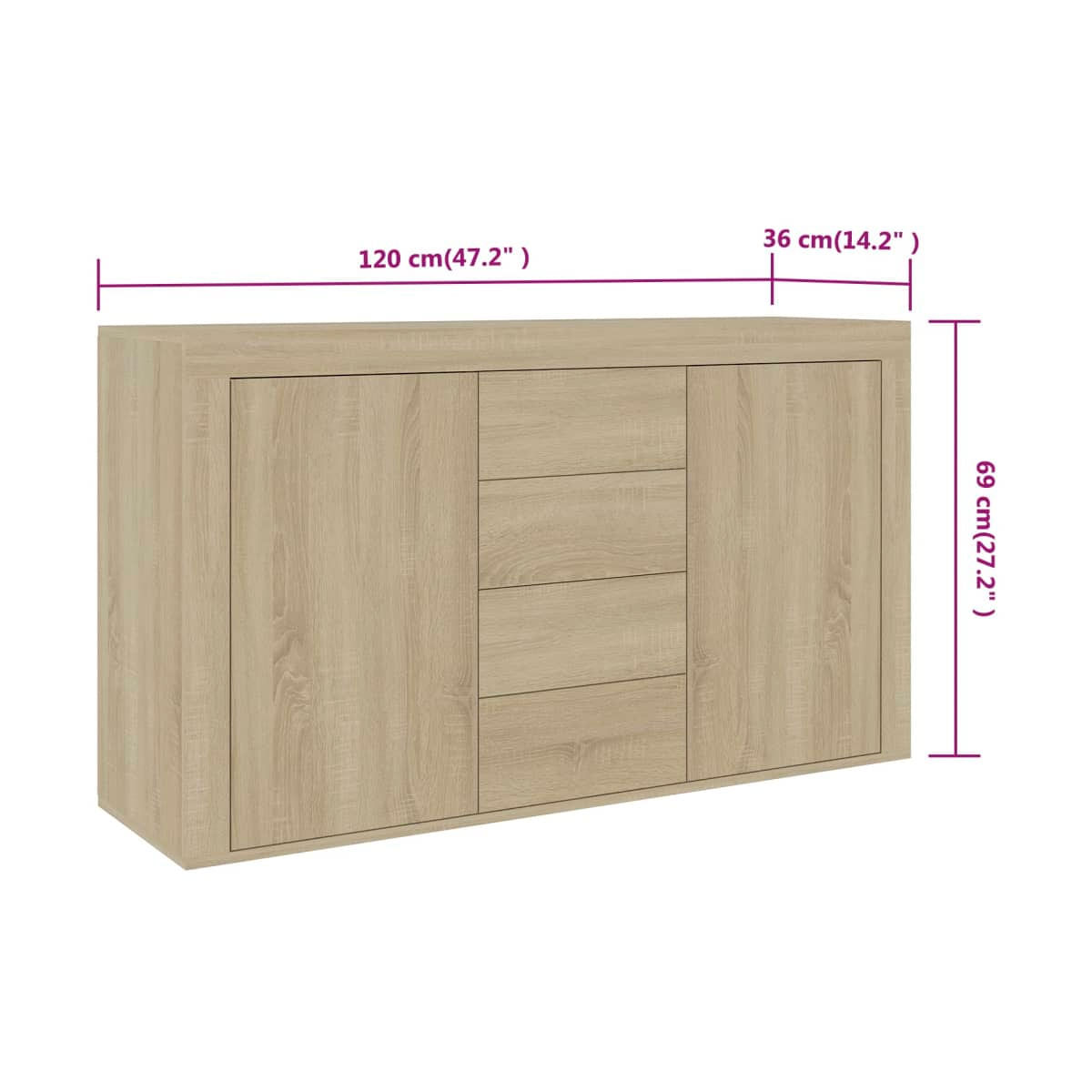 Aparador Mika 4 cajones + 2 puertas diseño rústico natural 69x120x36 cm medidas