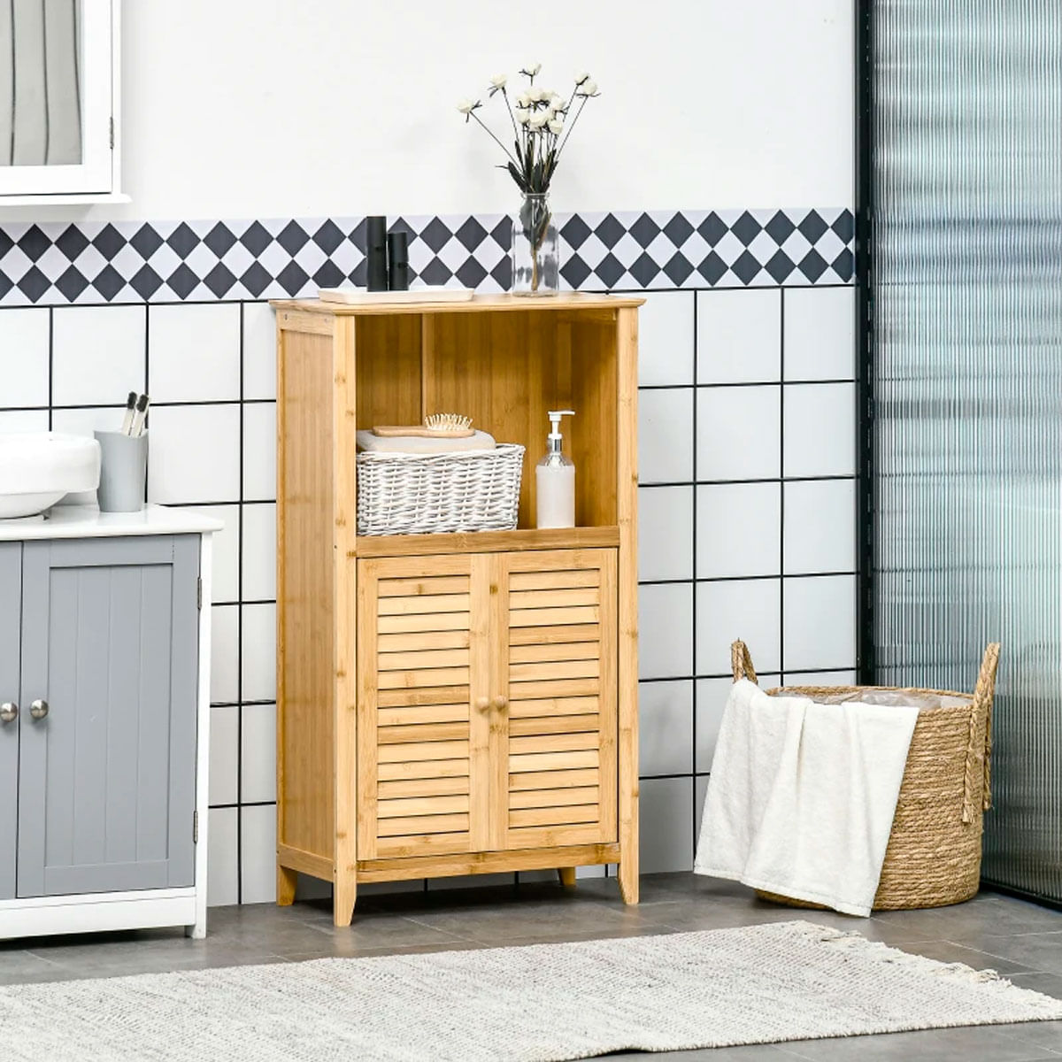 Mueble de baño Bamboo Homcom 2 puertas + 1 módulo natural 92x50x25,5 cm 3