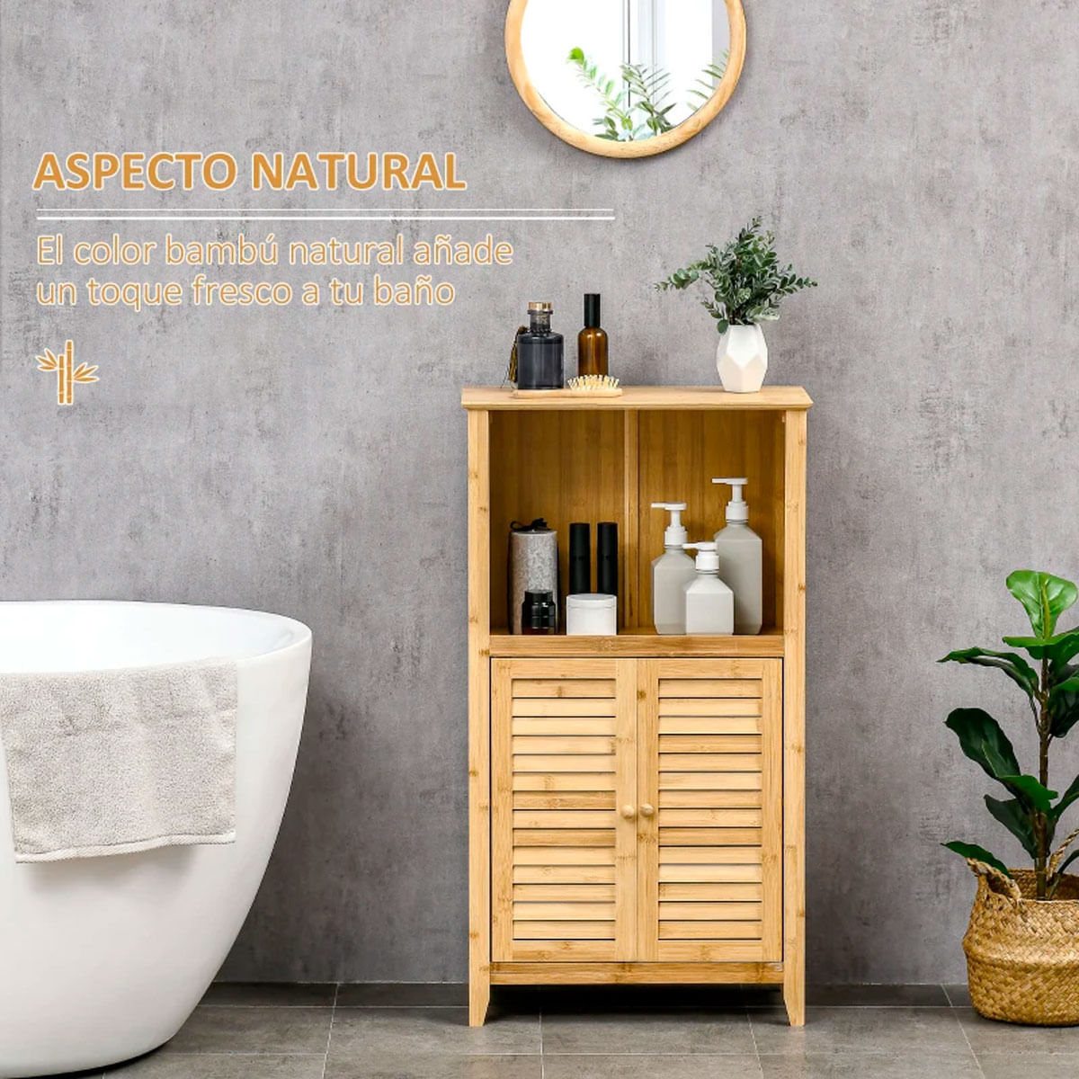 Mueble de baño Bamboo Homcom 2 puertas + 1 módulo natural 92x50x25,5 cm