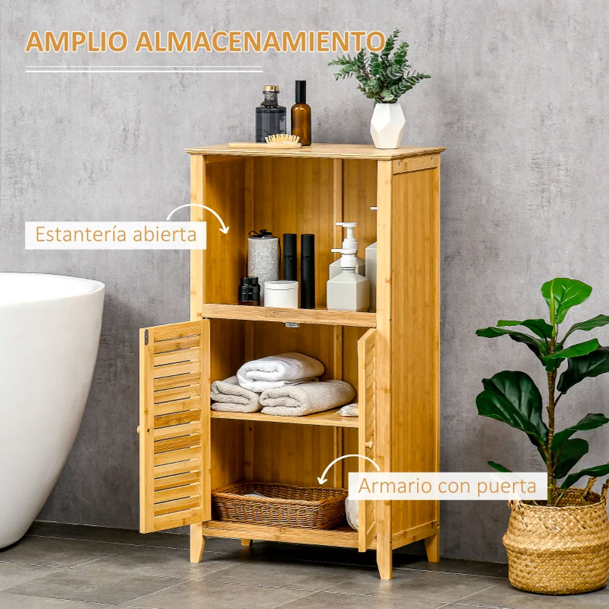 Mueble de baño Bamboo Homcom 2 puertas + 1 módulo natural 92x50x25,5 cm 4
