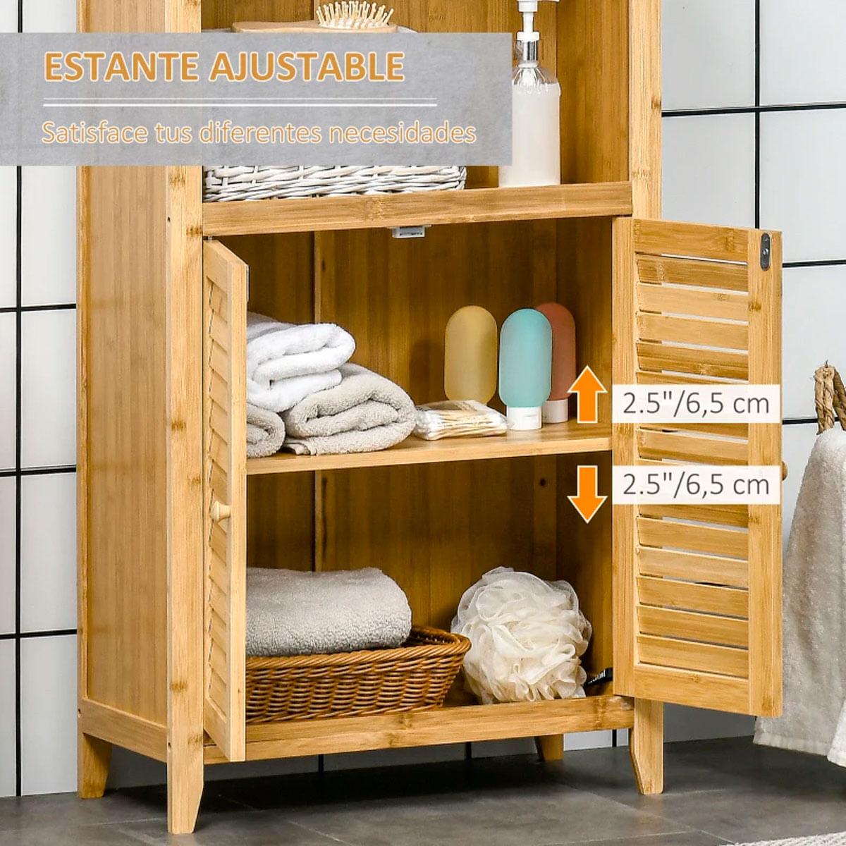 Mueble de baño Bamboo Homcom 2 puertas + 1 módulo natural 92x50x25,5 cm 5