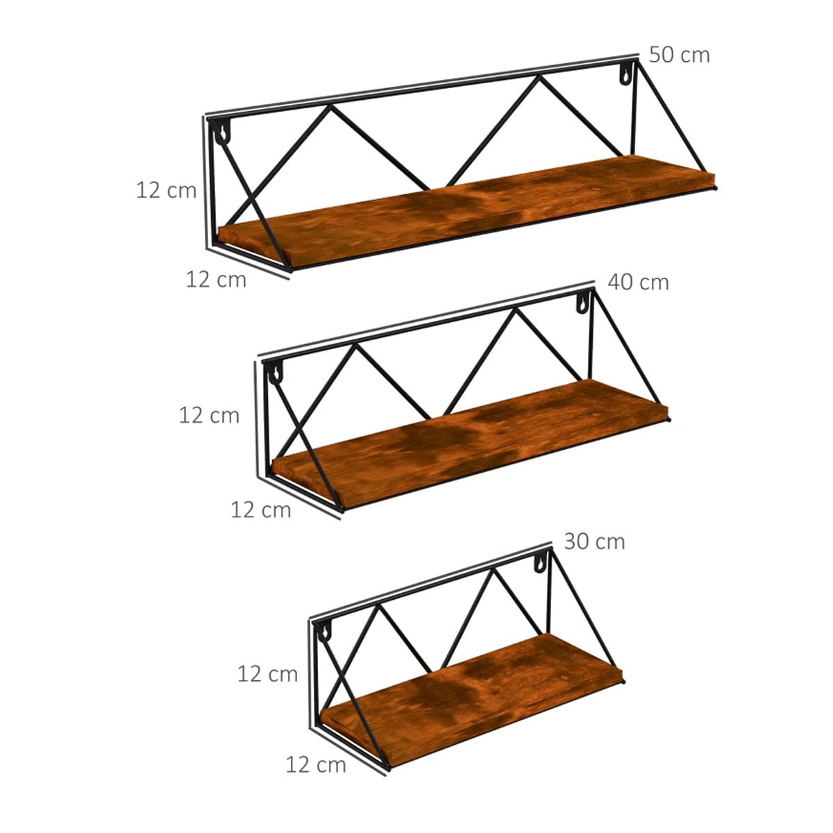 Set de 3 estantes de pared Jairo Homcom roble/negro 30/40/50 cm medidas