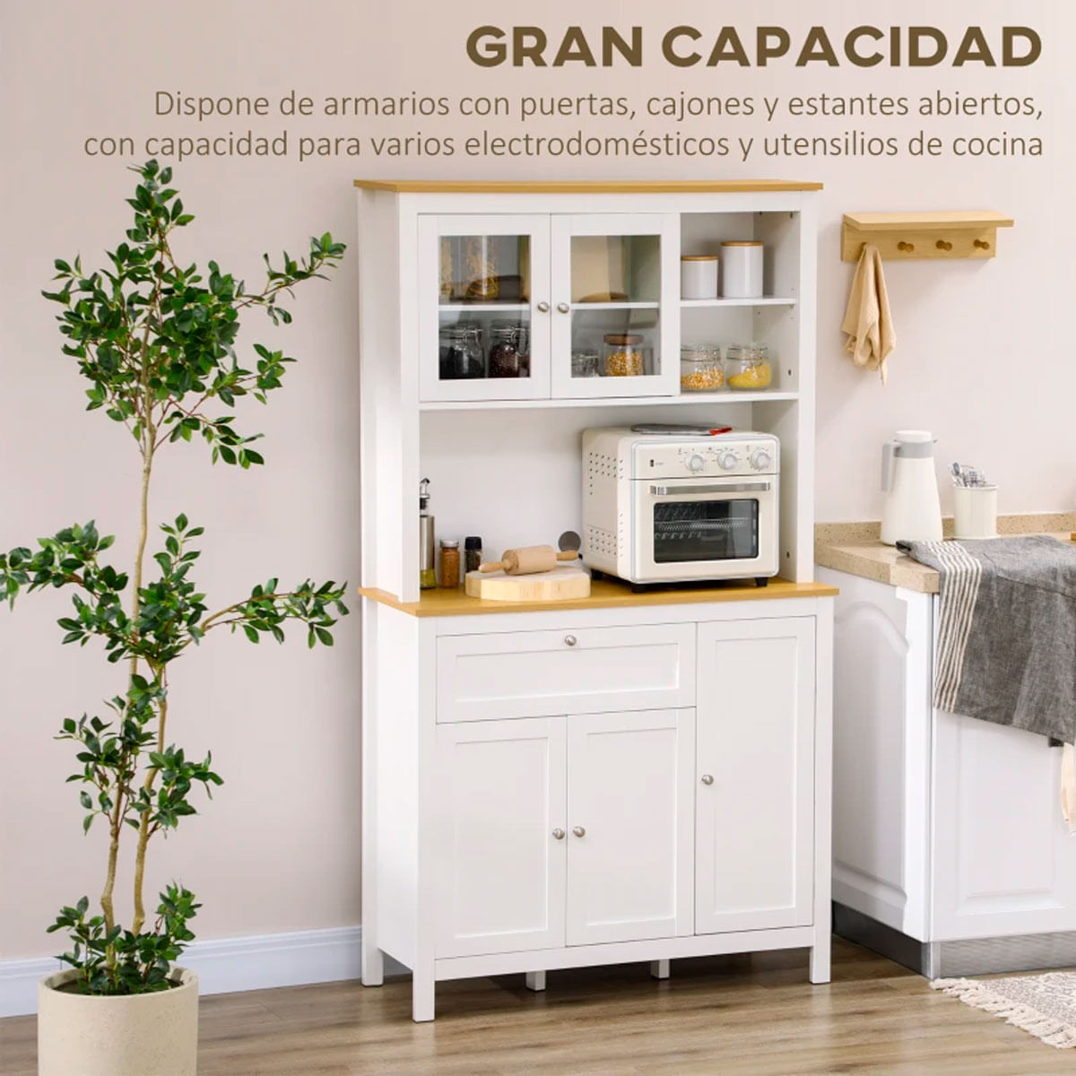 Alacena de cocina Indie Homcom diseño minimalista blanco/natural 180x100x40 cm 3