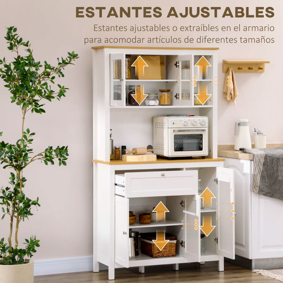 Alacena de cocina Indie Homcom diseño minimalista blanco/natural 180x100x40 cm 4