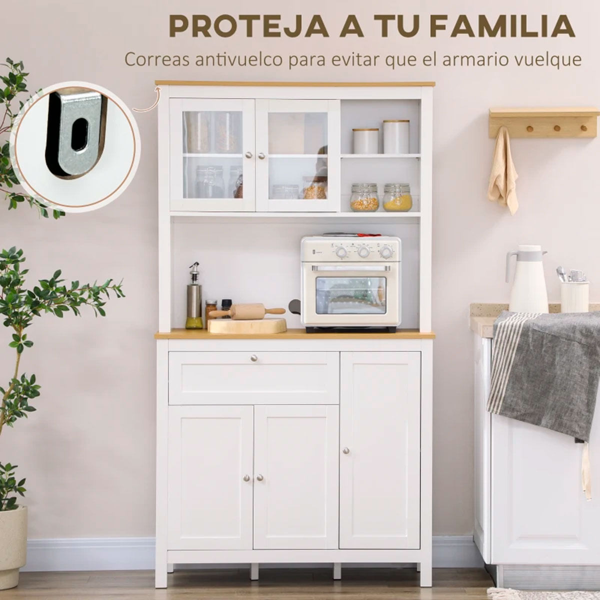Alacena de cocina Indie Homcom diseño minimalista blanco/natural 180x100x40 cm 6