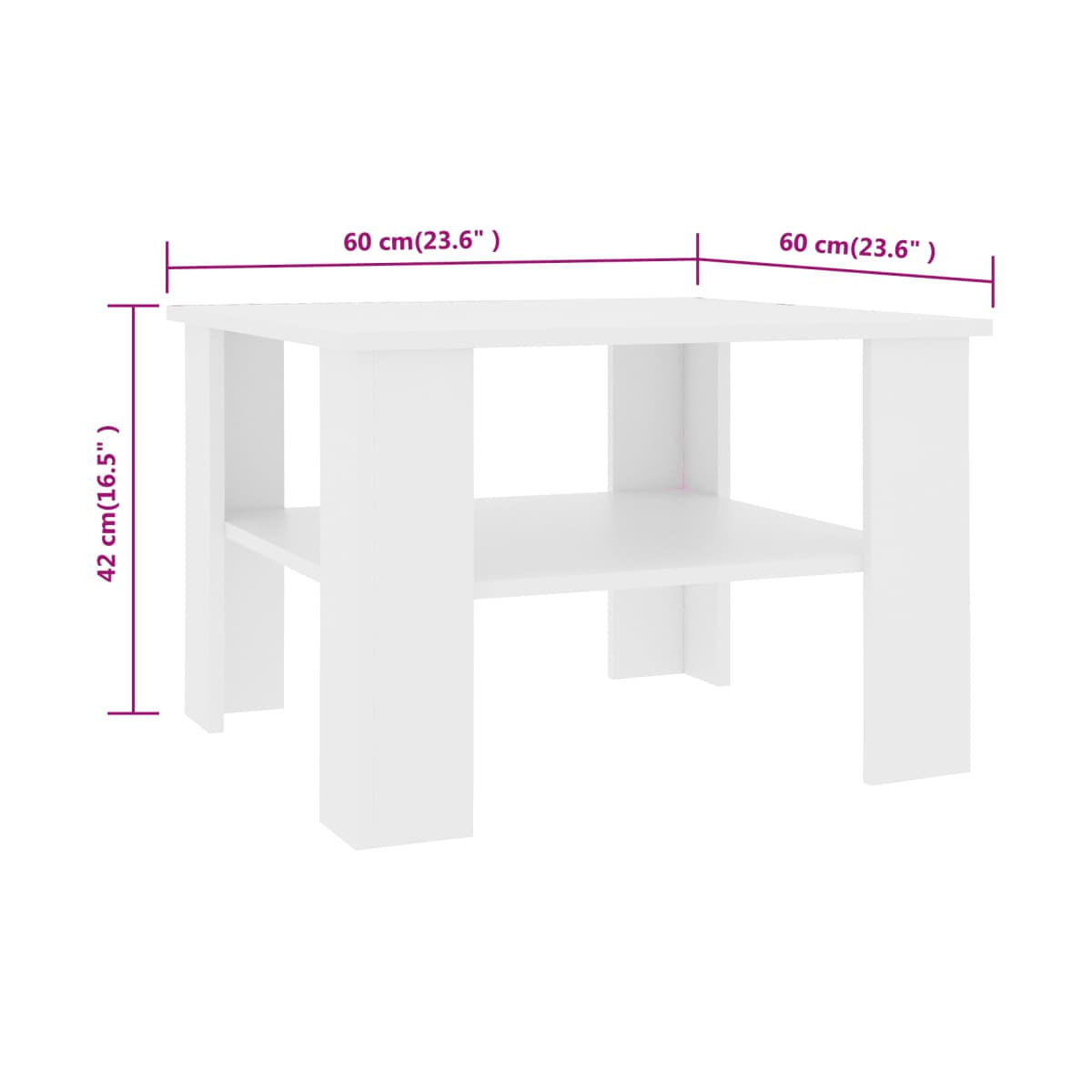 Mesa de centro Joe 1 estante inferior blanco 42x60x60 cm medidas