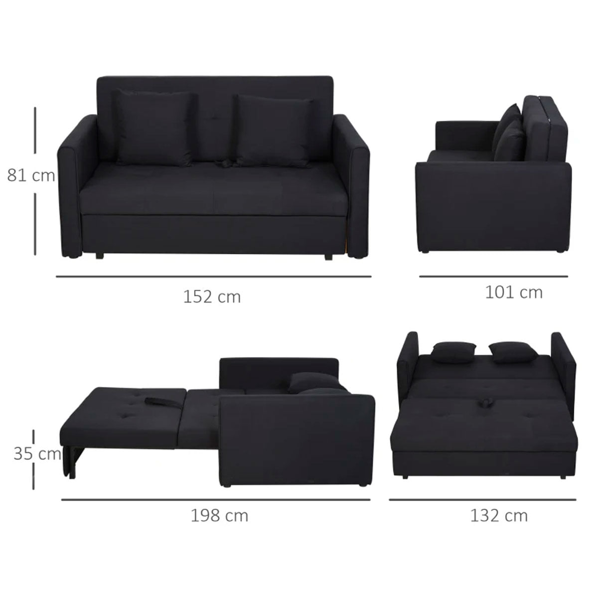 Sofá-cama Ulises Homcom hueco de almacenaje gris oscuro 81x152x101 cm  medidas