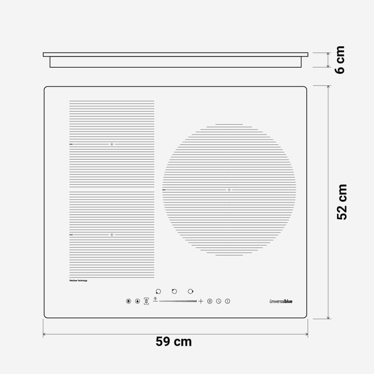 Placa de inducción Meissa Flex 6070BF Universal Blue 6000W 3 zonas + zona flexible negro 59 cm medidas