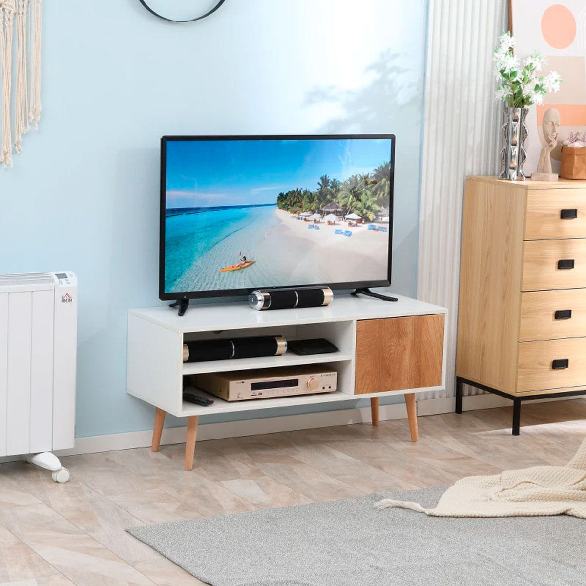 Mueble bajo de TV Kuita Homcom 2 módulos + 1 puerta blanco/madera 50x110x40 cm