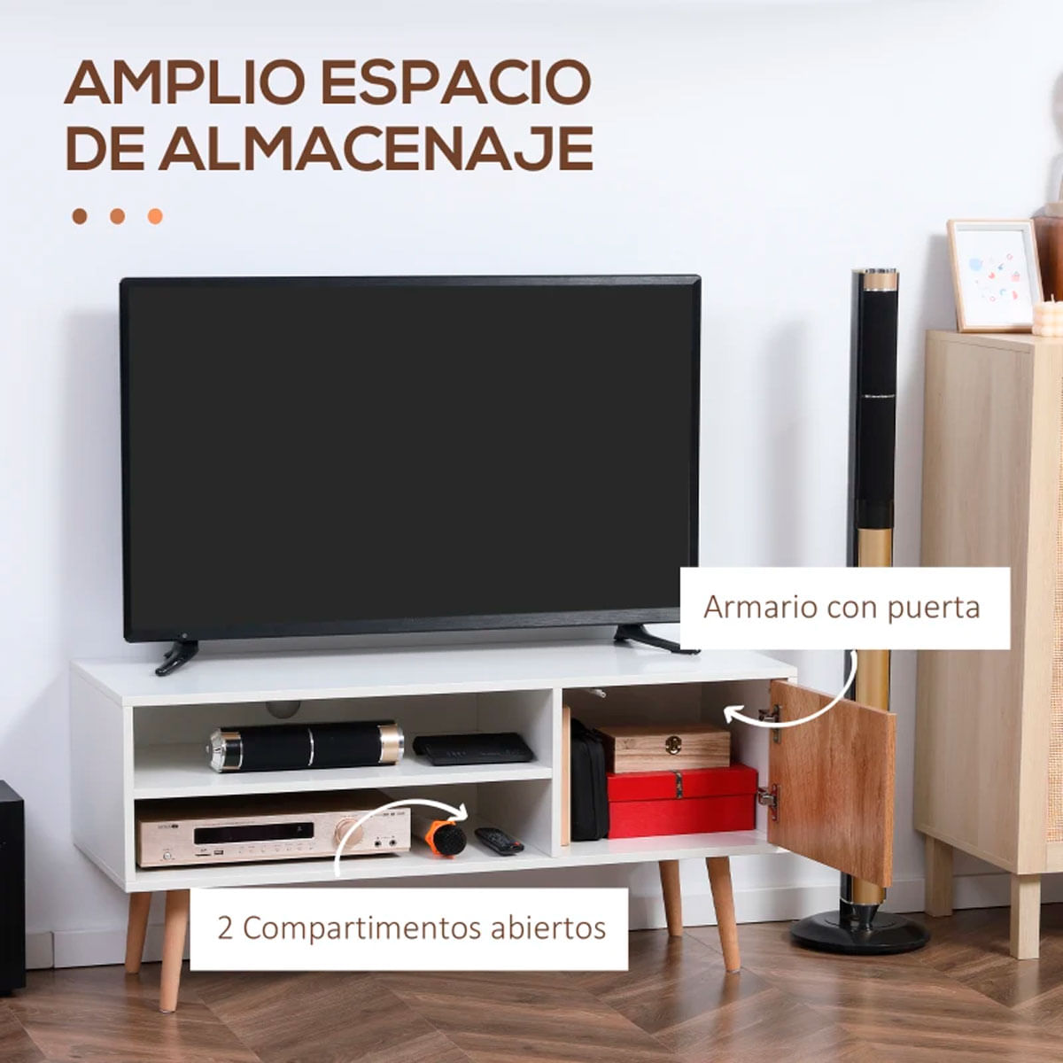 Mueble bajo de TV Kuita Homcom 2 módulos + 1 puerta blanco/madera 50x110x40 cm 3