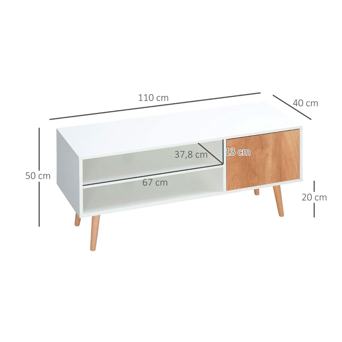 Mueble bajo de TV Kuita Homcom 2 módulos + 1 puerta blanco/madera 50x110x40 cm medidas