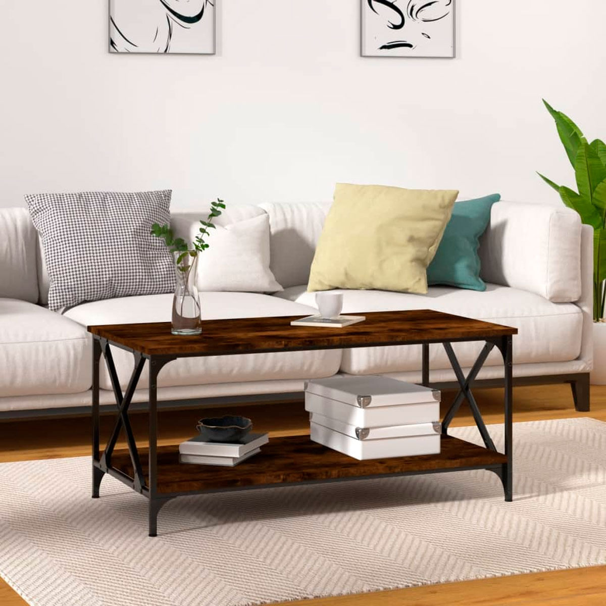 Mesa de centro Yuzu rectangular estante inferior roble American 45x100x50 cm 6