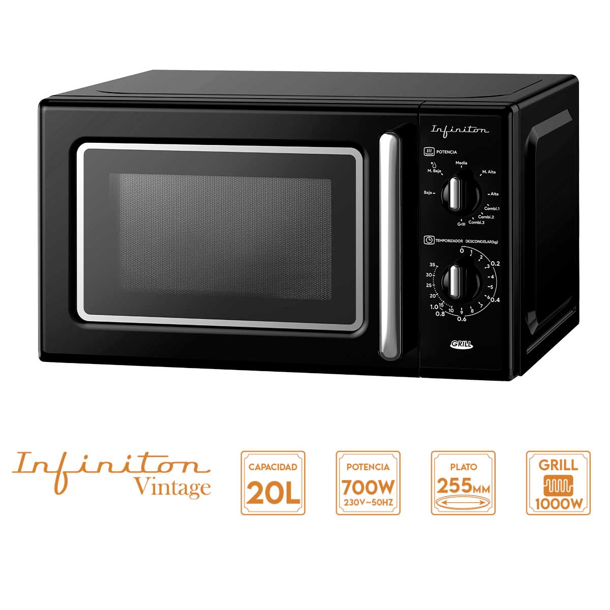 Microondas con grill Infiniton MW-RT20B 700W 20L estilo vintage negro 2