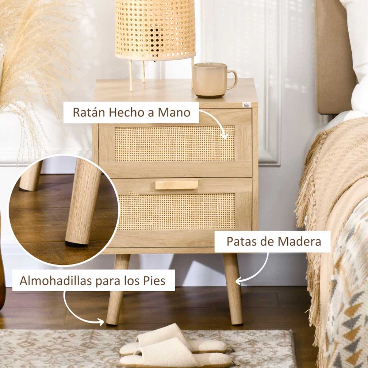 Mesita de noche Boho Homcom 2 cajones estilo cannage natural 56x40x40 cm 4
