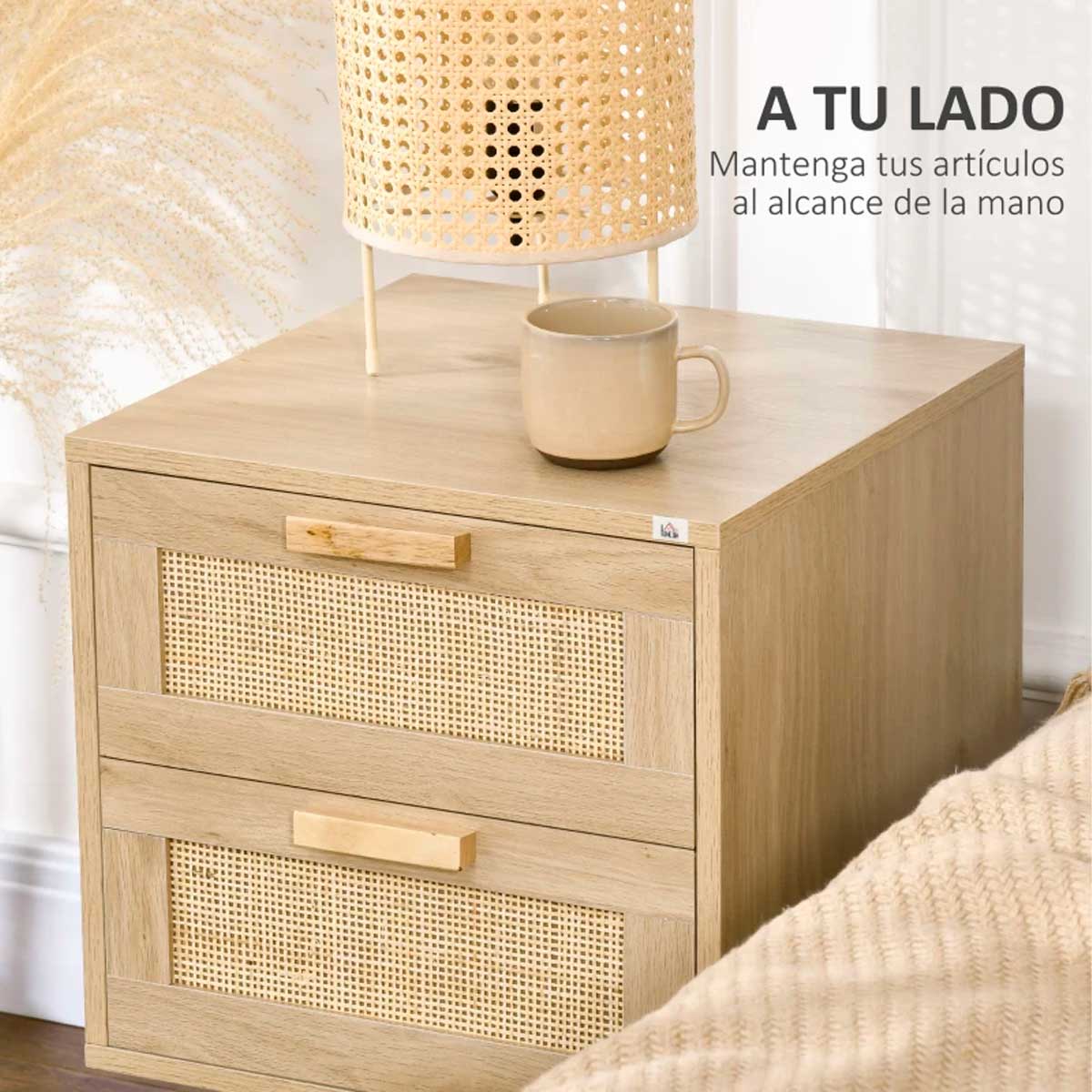 Mesita de noche Boho Homcom 2 cajones estilo cannage natural 56x40x40 cm 5