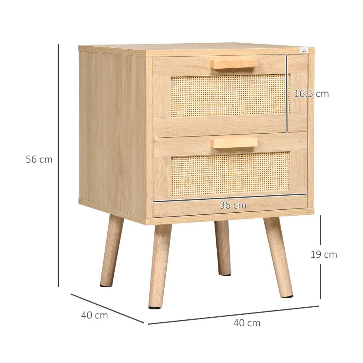 Mesita de noche Boho Homcom 2 cajones estilo cannage natural 56x40x40 cm medidas